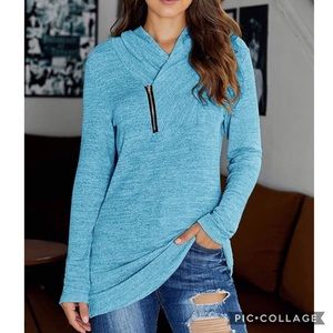 Long Sleeve Pullover Zipper Cowl Neck Top